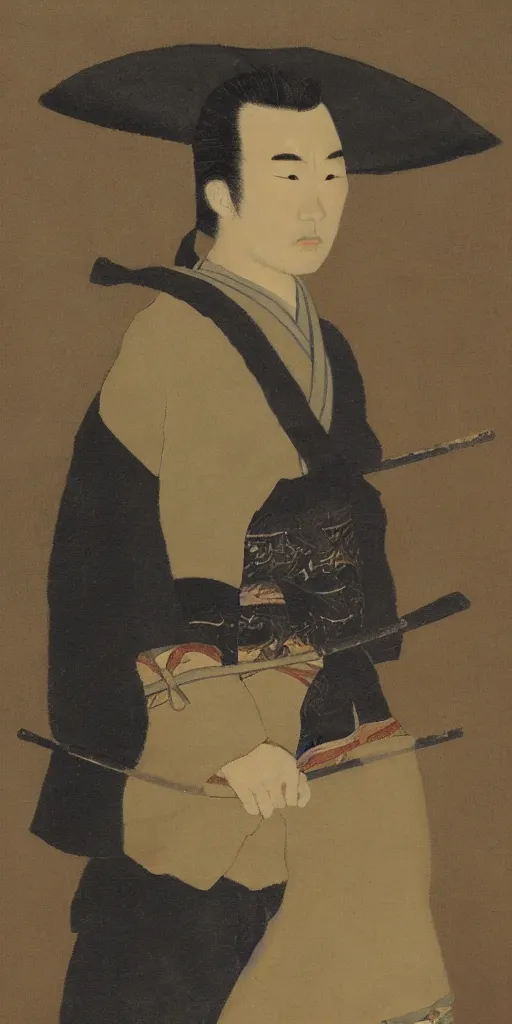 Prompt: romantic period style atmospheric oil painting of a Japanese Samurai