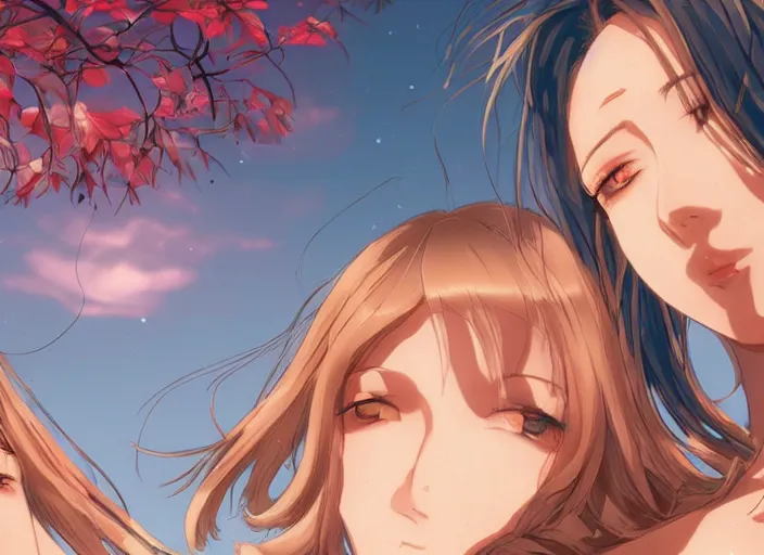 Image similar to two beautiful mothers outside on a hot summer evening, gorgeous faces, thick lines, cinematic lighting, detailed anime art