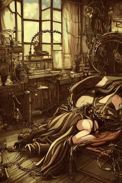 Image similar to anime style illustration, old sick dragon on a steam punk fainting couch with wires and gears and steam punk apparatus, artstation, matte painting, style of studio ghibli, featured in artstation and artgerm and pixiv, award winning, cinematic, elegant, intricate, 8 k