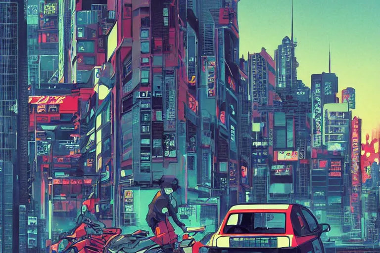 Image similar to Poster Illustration of Geo Metro, neo-Tokyo, Akira Color Palette, Inspired by Akira + MGS2 + FLCL, 8k :4 by Vincent Di Fate + Arc System works + Katsuhiro Otomo 2002 peugeot 206 xs, city in anime cyberpunk style by Hayao Miyazaki