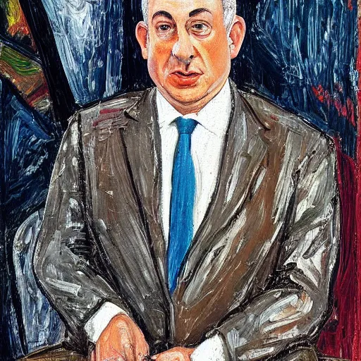 Image similar to benjamin netanyahu on a victorian style bad old deteriorating walls in the background in the style of lucian freud, painting, dark, brush strokes