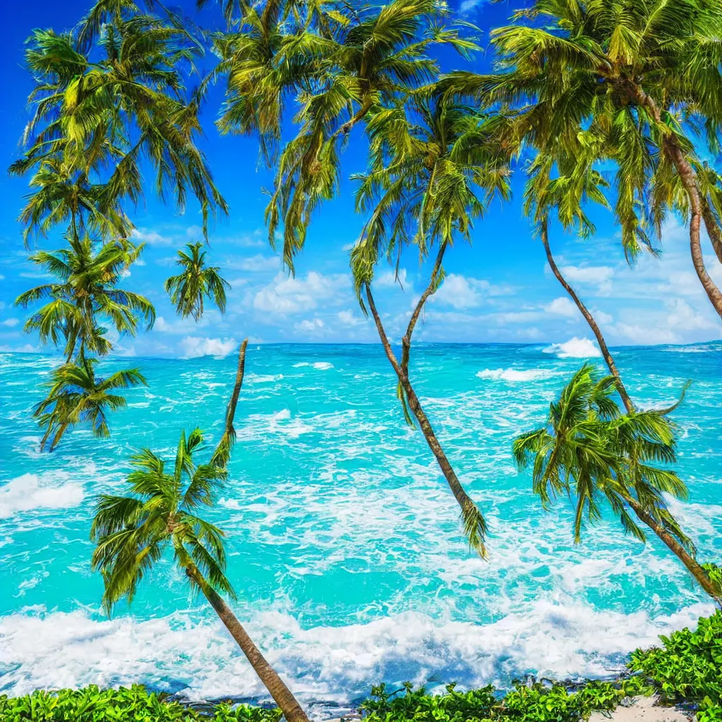 Prompt: Tropical beach landscape, blue water waves crashing on the beach, palm trees