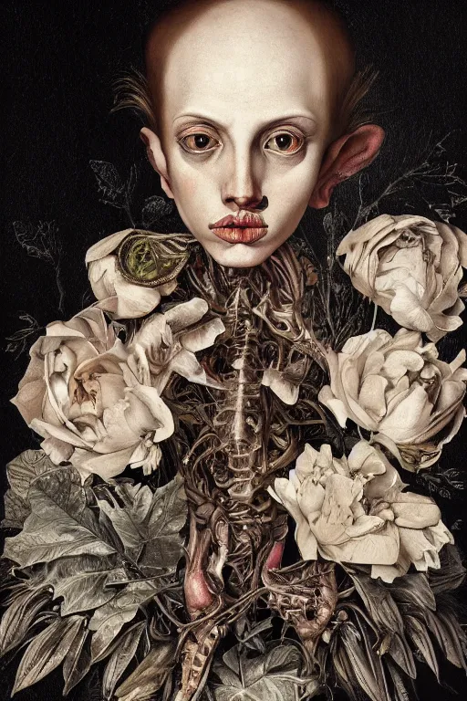 Image similar to Detailed maximalist portrait with large lips and eyes, expressive, botanical skeletal with extra flesh, HD mixed media, 3D collage, highly detailed and intricate, surreal illustration in the style of Caravaggio, dark art, baroque