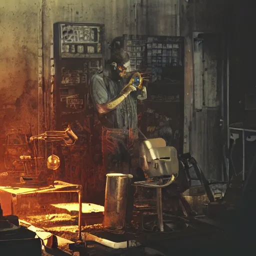 Image similar to half rusted old egg beater half stun - gun, balding older cyborg repairing, red hot soldering iron, dark messy smoke - filled cluttered workshop, dark, dramatic lighting, orange tint, cinematic, highly detailed, sci - fi, futuristic, movie still from blade runner