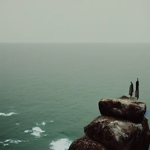 Prompt: A lone samurai on a cliff overlooking a vast ocean, 50mm lens, beautiful, majestic, serene, by Hsiao-Ron Cheng