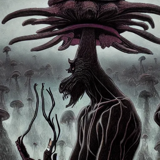 Prompt: 4 k headshot portrait of a psychedelic demonic anthropomorphic wendigo smoking a hand - rolled cigarette smoking heavily, magic mushroom village in background. award winning. superb resolution. in the art style of junji ito and greg rutkowski. detailed mushroom city in background. hyper realistic anime. perfect art. dalle 2