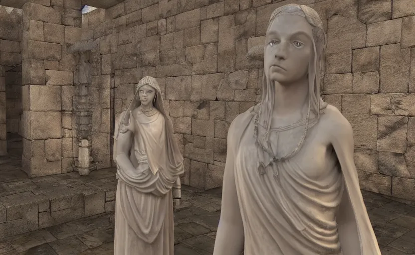 Image similar to A white priestess is conjuring a spell inside the ancient and mythical temple. Bronze statue, unreal engine