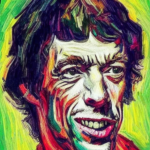 Image similar to an artistic portrait of mick jagger, smiling, high quality, studio photography, colorful, hero, heroic, beautiful, in the style of vincent van gogh
