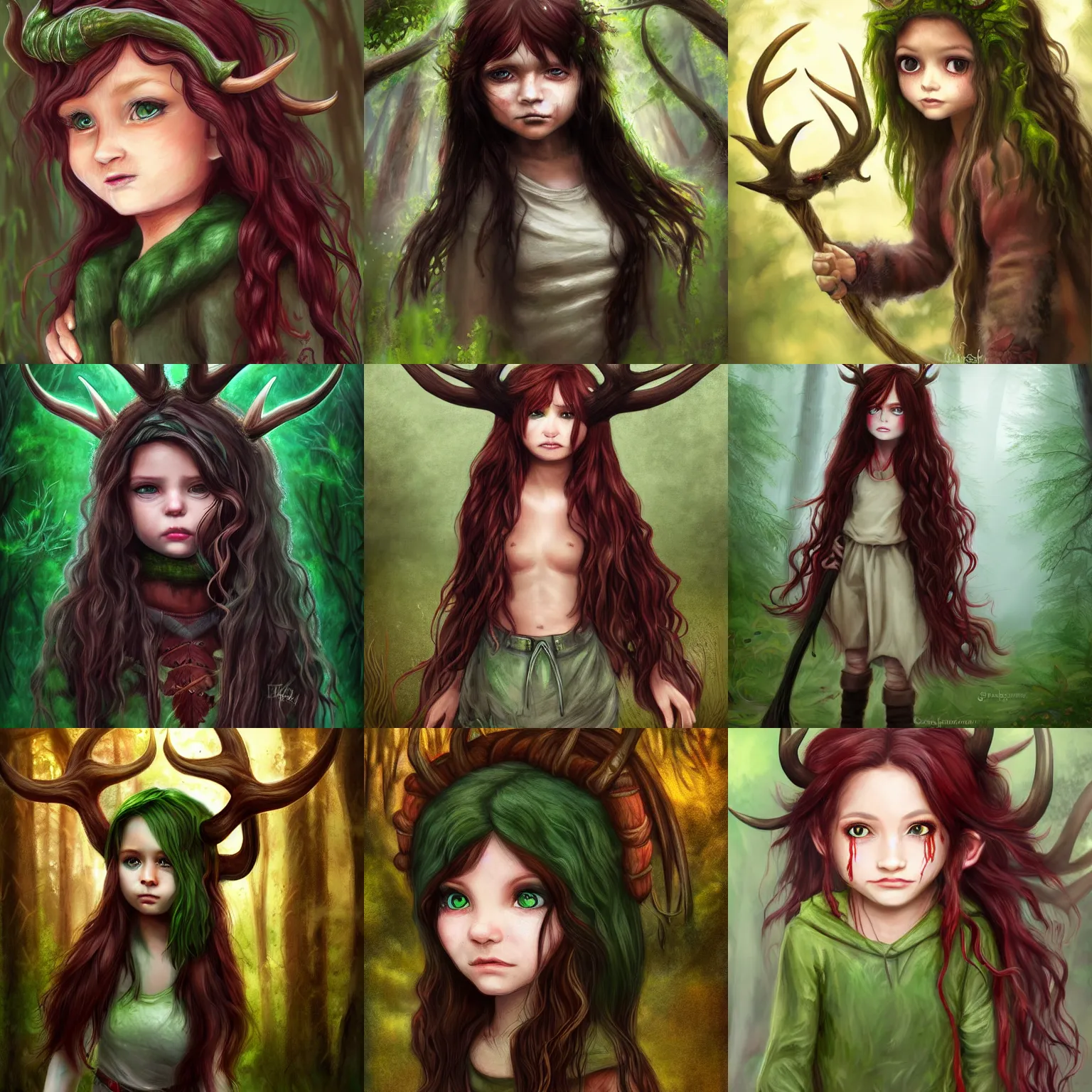 Prompt: small shifter child of the forest with long dark red hair wavy hair, dark skin, ragged green forest clothes, ram antlers, fangs, big brown eyes, fantasy setting, realistic, digital painting, epic, detailed, high - fantasy