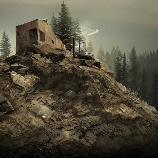 Prompt: a bunker on a mountain, mysterious photo, sinister, horror, trending on artstation, hdr