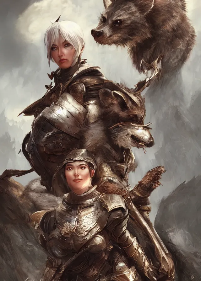 Prompt: a beautiful hyper realistic detailed epic concept art showing a noble knight women with her raccoon gardian above her, by artgerm, dareck zabrocki, in the style of dragon age, featured on artstation