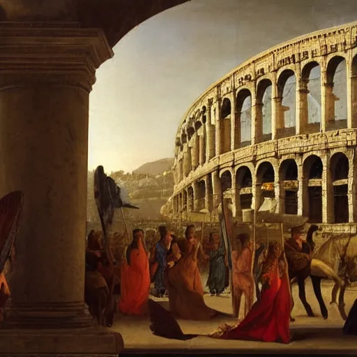 Image similar to a marble coliseum filled with roman people, oil painting,