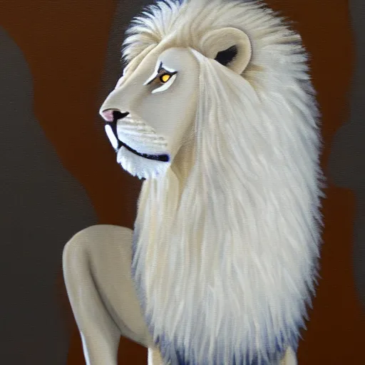 Image similar to abstract painting of albino white anthro lion wearing a coat