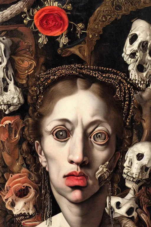 Prompt: Detailed maximalist portrait with large lips and with large eyes, sad exasperated expression, bones, HD mixed media, 3D collage, highly detailed and intricate illustration in the style of Caravaggio, dark art, baroque