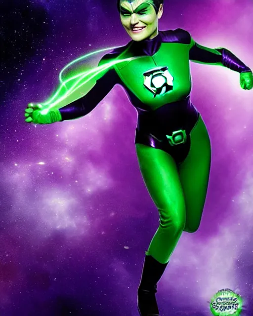 Image similar to photos of beautiful actress Ella Purcell as the Green Lantern Soranik Natu, as she soars thru outer space. Photogenic, purple skin, short black pixie like hair, particle effects, photography, studio lighting, cinematic