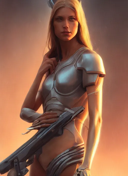 Image similar to upper body portrait of a beautiful maiden holding a futuristic weapon, award winning, masterpiece digital painting by greg rutkowski, alex grey, artstation, 4 k wallpaper,