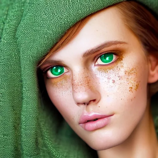 Prompt: intricate crisp portrait of a cute thin young woman, light bronze brown hair, very detailed emerald green eyes, red blush, light freckles, soft smile, casual clothes, relaxing on the couch, home interior, golden hour, close up shot, 8 k, art by irakli nadar, hyperrealism, hyperdetailed, ultra realistic