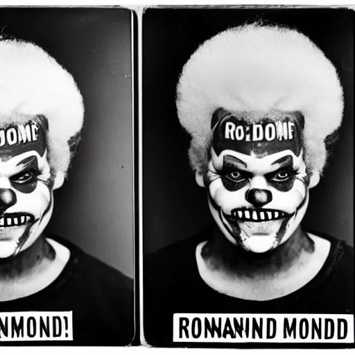 Image similar to ronald mcdonald mugshot in the newspaper, black and white newspaper, headline mugshot image of ronald mcdonald clown, clown mugshot, old fashioned photograph, criminal mugshot