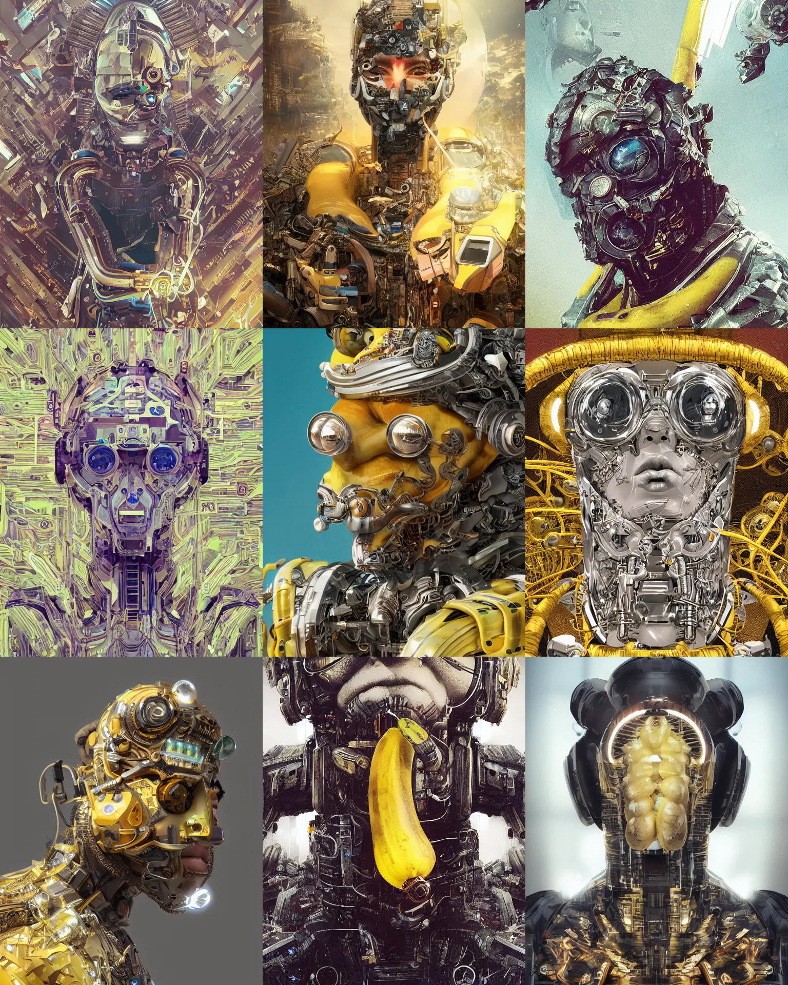 Prompt: portrait of a banana as a cyborg. intricate abstract. intricate artwork. by Tooth Wu, wlop, beeple, dan mumford. octane render, trending on artstation, greg rutkowski very coherent symmetrical artwork. cinematic, hyper realism, high detail, octane render, 8k, iridescent accents