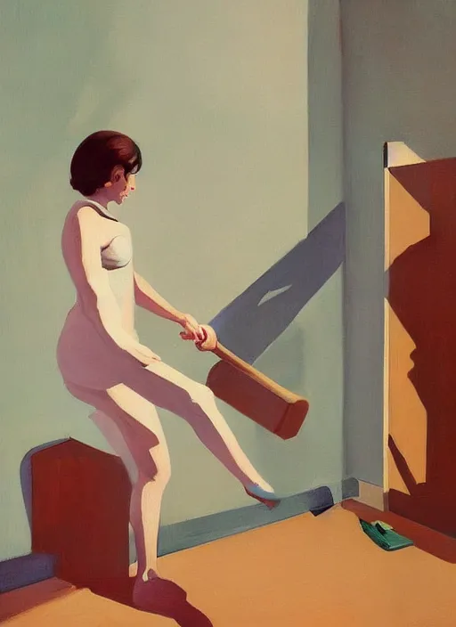 Prompt: woman with hammers instead of hands walking upsidedown by Edward Hopper and James Gilleard, highly detailed