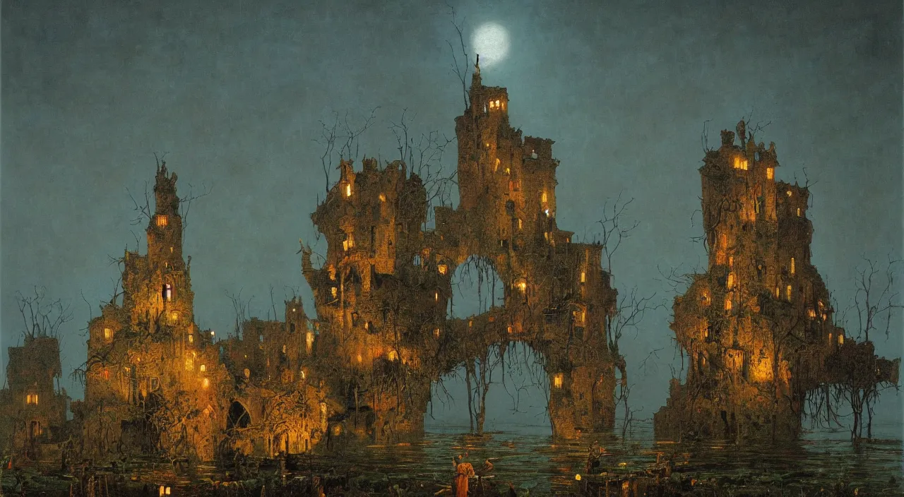 Prompt: an oil painting of a flooded ancient fungi tower at night by beksinski carl spitzweg jan van eyck audubon rene magritte, full-length view, highly detailed, vibrant colors, high contrast, symmetry, great composition, high detail, cinematic lighting, award winning masterpiece, trending on artstation