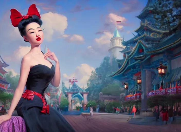 Image similar to beautiful bald chinese woman with pinup girl makeup at disneyland wearing mouse ears, night, epic cinematic hyperrealism masterpiece, realistic poster with shaded lighting by craig mallismo, artgerm, jeremy lipkin and michael garmash, unreal engine, radiant light, detailed and complex environment, octane photoreal 3 d render, art station trends