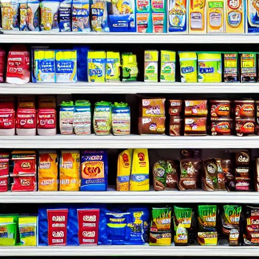 Image similar to shelf of a convenience store, retail store with products, color photo