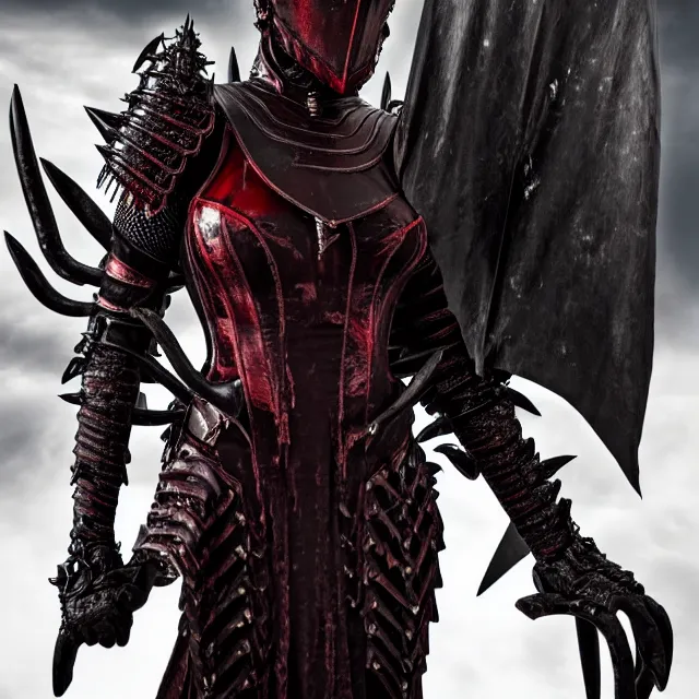 Prompt: full body photo of a vampire queen warrior wearing demonic armour, highly detailed, 4 k, hdr, smooth, sharp focus, high resolution, award - winning photo