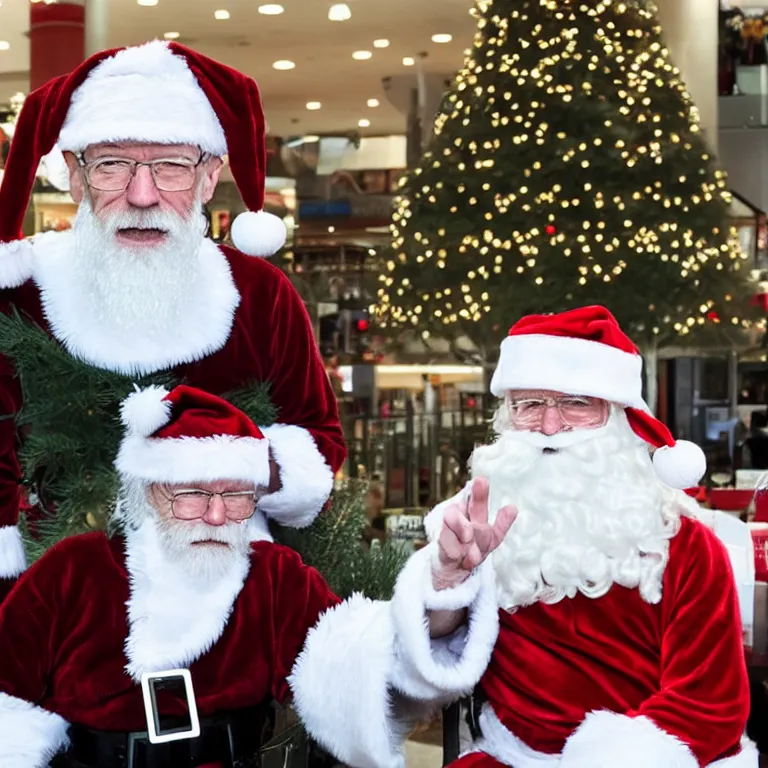 Image similar to walter white dressed as santa in a mall,