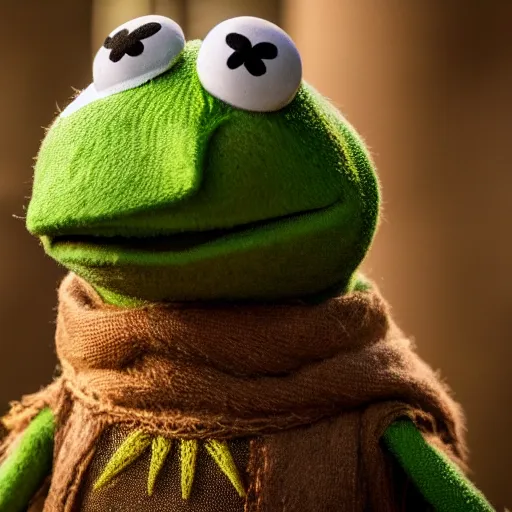 Image similar to first shot of kermit the frog in game of thrones, ( eos 5 ds r, iso 1 0 0, f / 8, 1 / 1 2 5, 8 4 mm, postprocessed, crisp face, facial features )