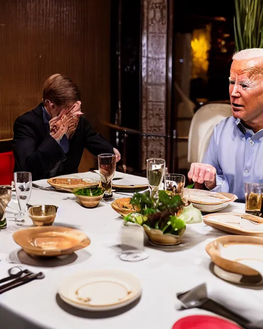 Image similar to Trump and Biden having dinner at a fancy Balinese restaurant, award winning photography, 85mm, perfect faces