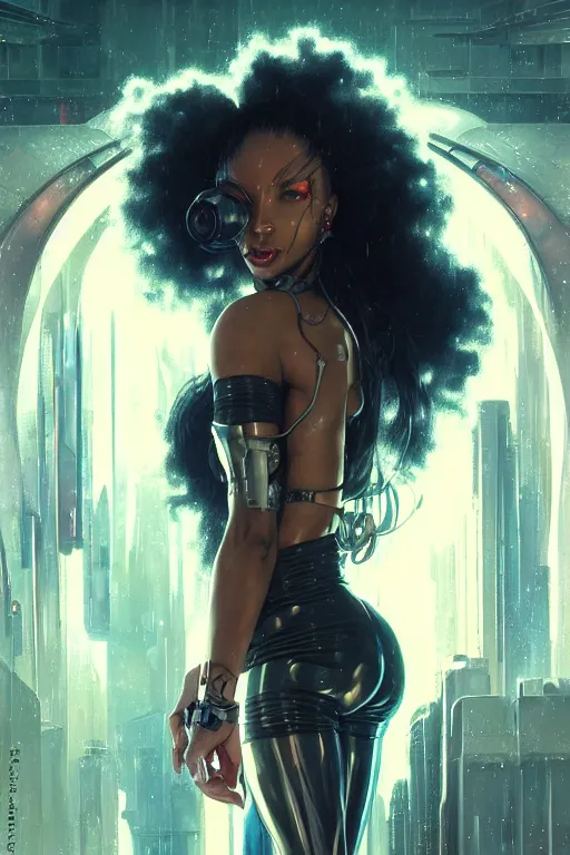 Prompt: very beautiful cyberpunk Normani as aeon flux profile picture by Greg Rutkowski, dynamic pose, intricate, futuristic, fantasy, elegant, by Stanley Artgerm Lau, greg rutkowski, thomas kindkade, alphonse mucha, loish, norman Rockwell, metal chrome, shiny, rainy background, asymmetric, long afro hair,