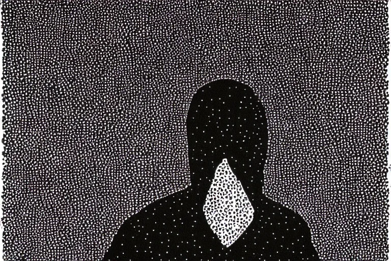 Image similar to black figure with white eyes, faceless people dark, dots, drip, stipple, pointillism, technical, abstract, minimal, style of francis bacon, asymmetry, pulled apart, cloak, hooded figure, made of dots, abstract, balaclava, colored dots