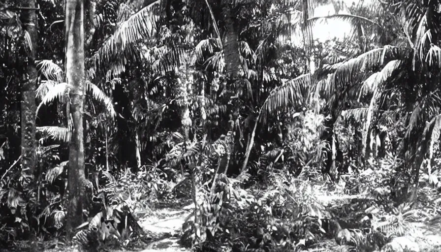 Image similar to lost film footage of a sacred ethnographic object in the middle of the ( ( ( ( ( ( ( ( ( tropical jungle ) ) ) ) ) ) ) ) ) / film still / cinematic / enhanced / 1 9 2 0 s / black and white / grain