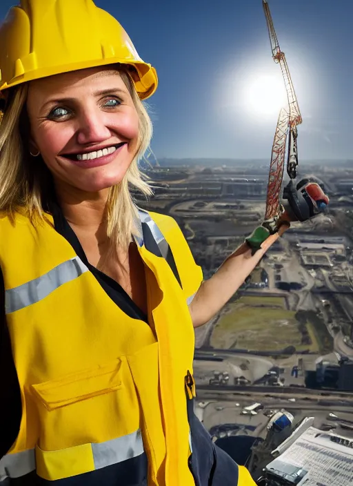 Image similar to closeup portrait of cheerful young cameron diaz as a crane operator, yellow hardhat, sitting in a crane, natural light, bloom, detailed face, magazine, press, photo, steve mccurry, david lazar, canon, nikon, focus