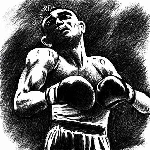 Image similar to professional drawing in the style of kentaro miura of boxing world champion rocky marciano punching