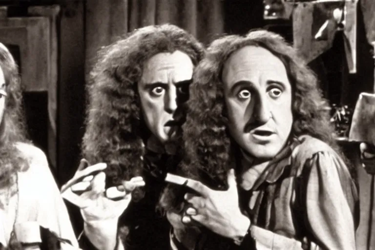 Prompt: still of the movie the young Frankenstein with weird al Yankovic, cinematic, cinemascope,