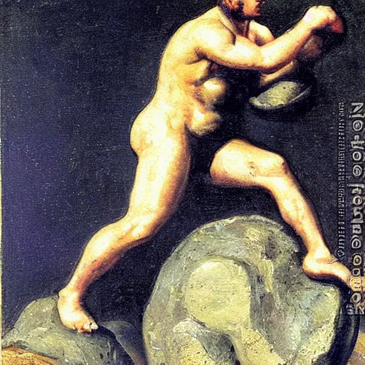 Image similar to a painting of benjamin netanyahu as sisyphus, carrying boulder, by franz stuck