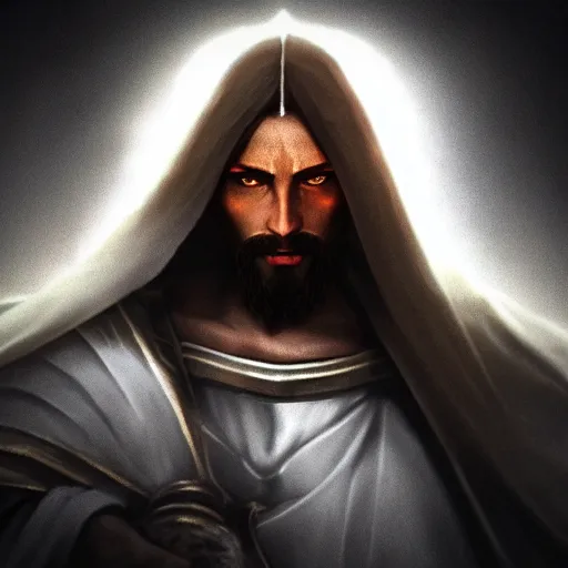 Image similar to a videogame still of Jesus in Diablo III, portrait, 40mm lens, shallow depth of field, close up, split lighting, cinematic