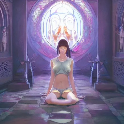 Image similar to Art station concept of a beautiful girl kneeling in front of a religious shrine, Hypnosis, Trance, symmetrical face, smooth body features, by Stanley Artgerm Lau, WLOP, Rossdraws, James Jean, Andrei Riabovitchev, Marc Simonetti, and Sakimichan, trending on artstation