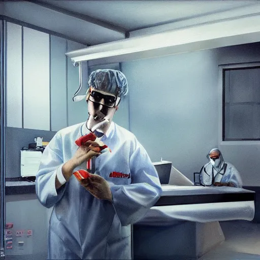 Image similar to surgeon in operation room smoking a bong, photorealistic painting, fanart, concept art, highly detailed