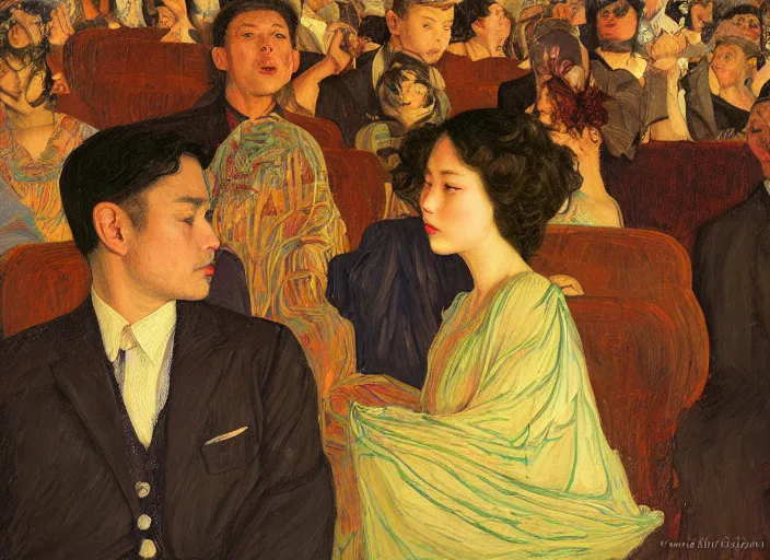 Image similar to people in movie theatre, interior factory bright, portrait face, in the style of frantisek kupka, intricate, miles johnston, keita morimoto, kuroda seiki, cynical realism, ozabu, john william godward, painterly, yoshitaka amano, beautiful lighting, miles johnston, klimt, louise zhang, james jean