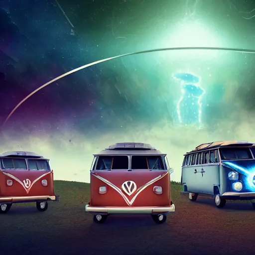 Image similar to bizarre interdimensional scene of a time-traveling VW microbus loaded with space hippies jaunting through a wormhole into the unknown. ultra-wide shot, detailed, trending on artstation, light effect, 8k, unreal engine 5, epic, masterpiece, highly detailed