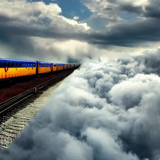 Prompt: train on sky flying through rails made out of clouds