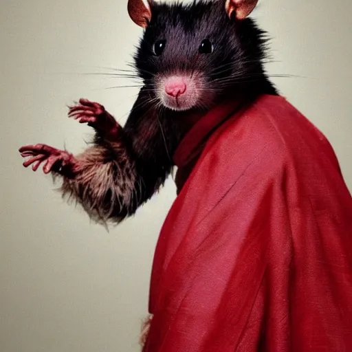 Image similar to a portrait of a human-rat hybrid with brown fur wearing a red kimono, hyper realistic, photography, film still