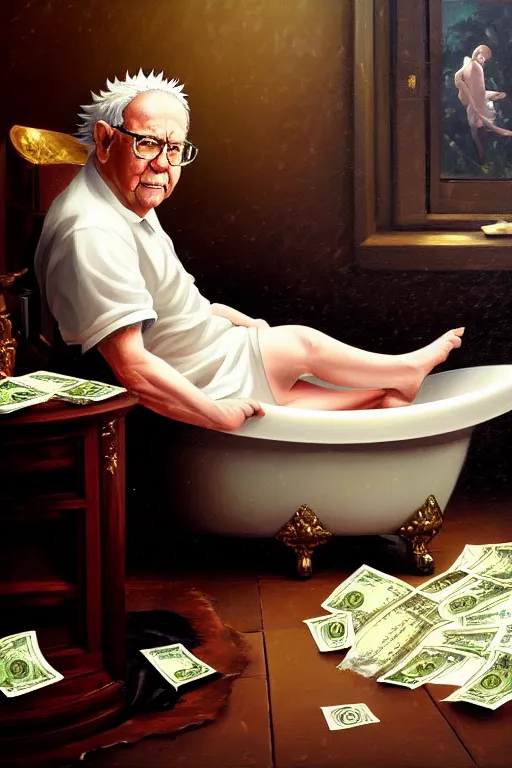 Image similar to baroque oil painting of anime key visual concept art of warren buffet sitting in a bathtub full of usd cash money, award winning, trending on artstation, palette knife! and brush strokes, oil on canvas, makoto shinkai greg rutkowski studio ghibli