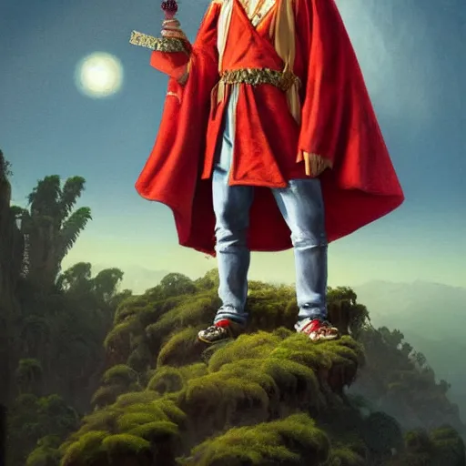 Image similar to stoner King Tommy Chong wears a doublet whilst wearing a red velvet cape and OG Kush Sativa flower calyx trichome crown edward julius detmold jehan choo jeff simpson arkhip kuindzhi raphael lacoste guillem h. pongiluppi grisaille