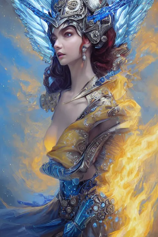 Prompt: beautiful princess with face covered with fire, king sorcerers, ornate, blue and silver, armor, robes, diamonds, angel, fantasy, yellow background beam, dramatic lighting, highly detailed, digital painting, magic the gathering, 3 d render, hyper realistic detailed portrait, peter mohrbacher, wlop, ruan jia