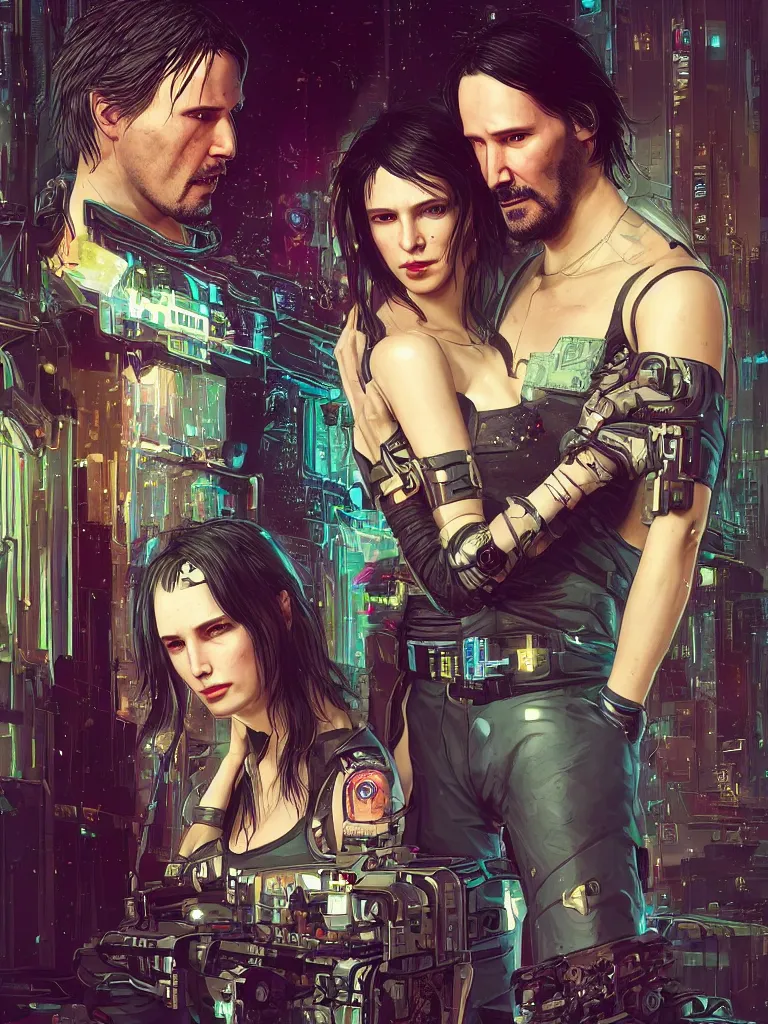 Prompt: a cyberpunk 2077 wedding couple portrait of Keanu Reeves and V in love story,pray,hug,hold,kiss,film lighting,by Lawrence Alma-Tadema,Andrei Riabovitchev,Laurie Greasley,Dan Mumford, John Wick,Speed,Replicas,artstation,deviantart,FAN ART,full of color,Digital painting,face enhance,highly detailed,8K,octane,golden ratio,cinematic lighting