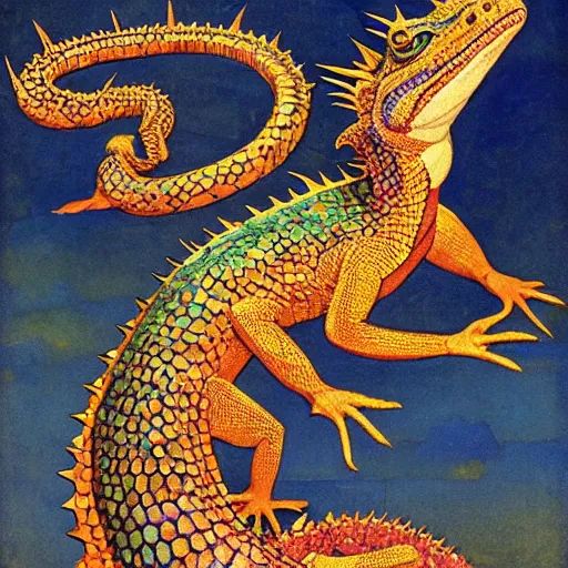 Image similar to beautiful jeweled scaly lizard-headed dragon sitting on top of treasure, by Nicholas Roerich and Warwick Goble, iridescent scales, sinuous dragon body, clawed feet, long spiked tail,dramatic lighting, featured on artstation W 768